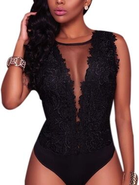 Black Lace & Mesh Plunge Bodysuit